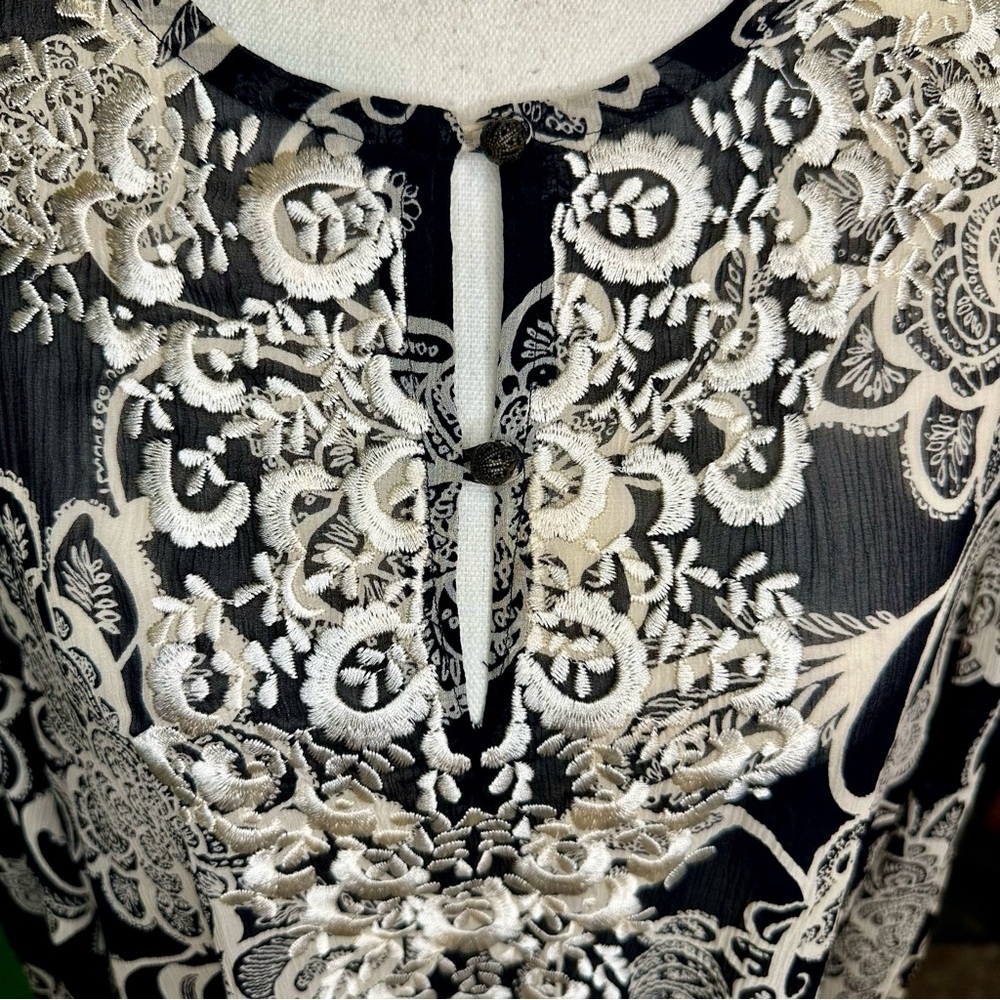 Oscar de la Renta Black & White 100% Silk Embroidered Long Sleeve Tunic Size 12 - Picture 7 of 11